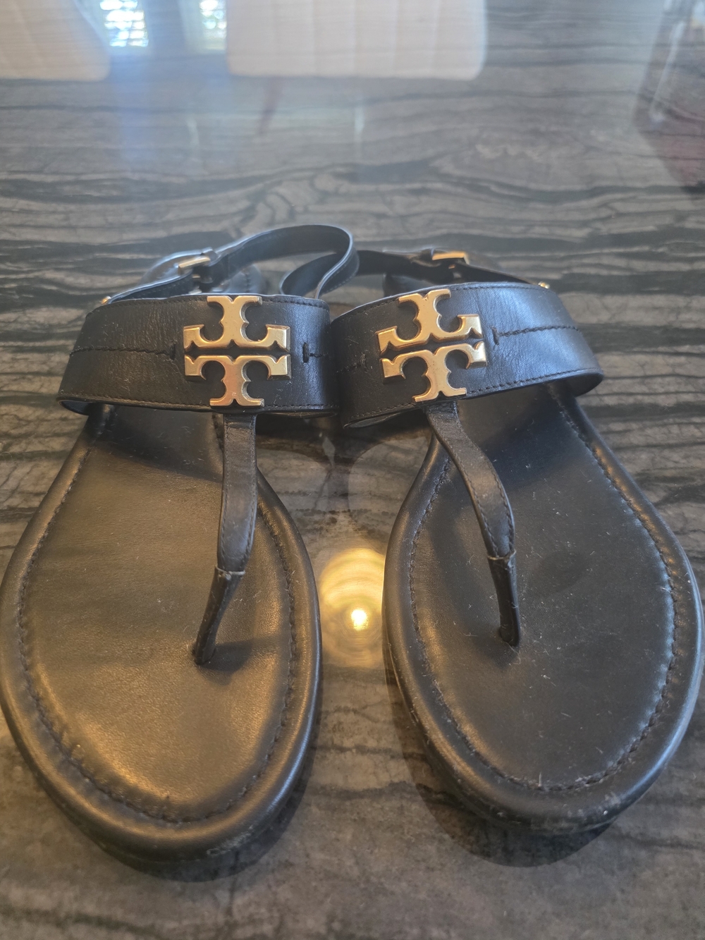 Tory Burch Black Leather Miller Thong Sandals with Gold Logo Worn 5 Times